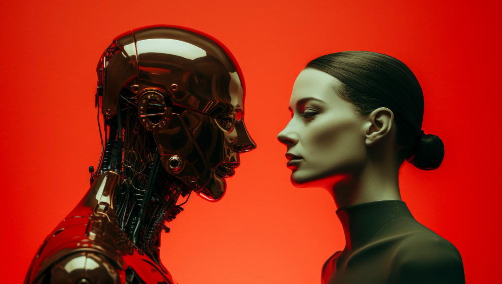 Futuristic Robot and Pretty Girl face to face with red background