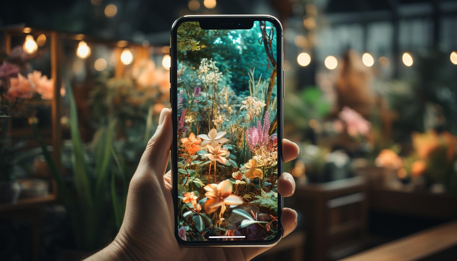 Hand holding a phone while taking photo of a beautiful garden.